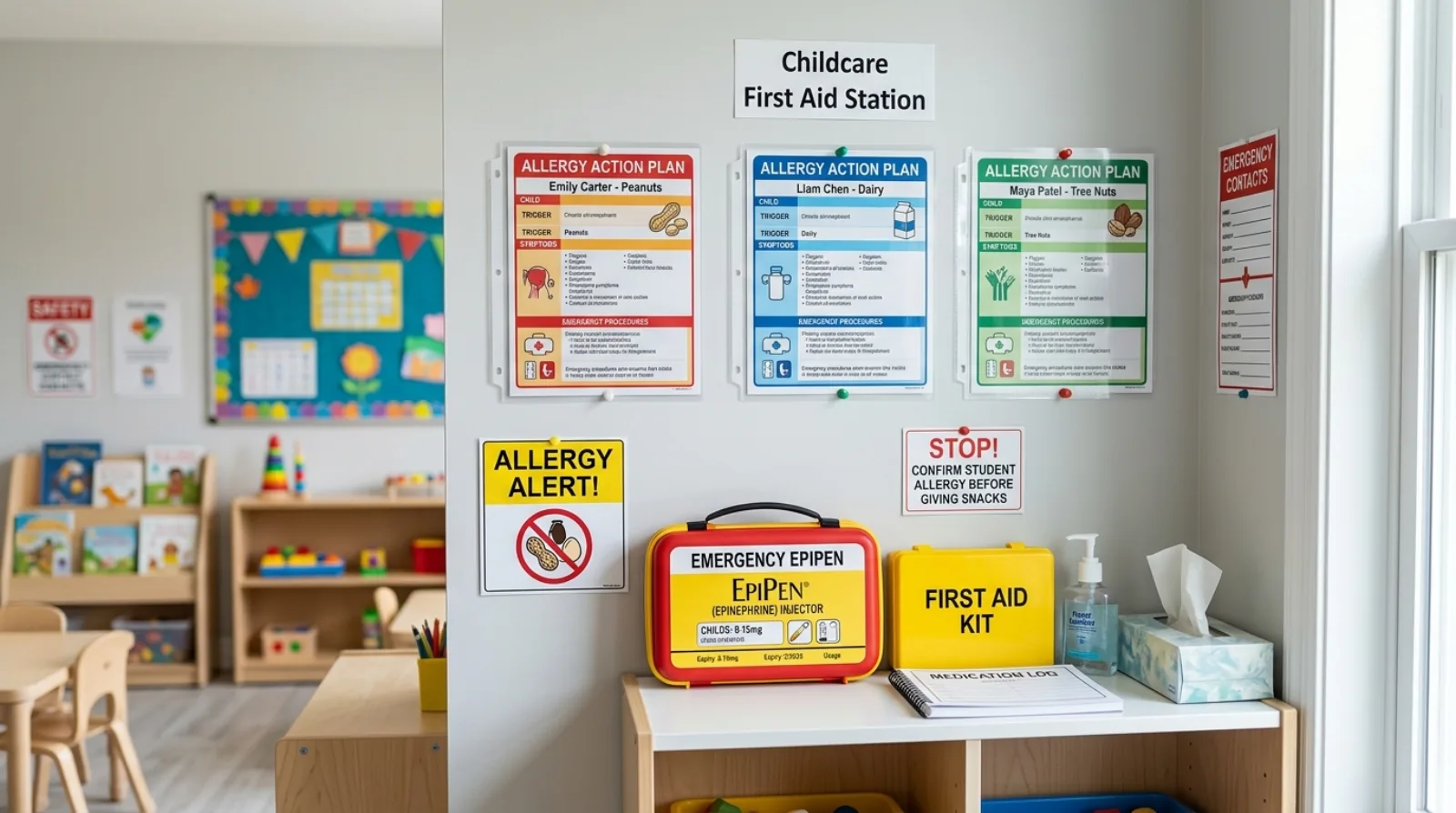 A childcare first aid area with allergy action plans and an EpiPen in a labelled case on a shelf