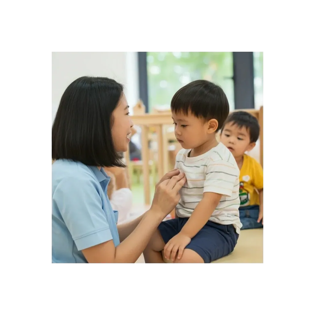 An educator sitting with a young child during a one-on-one activity