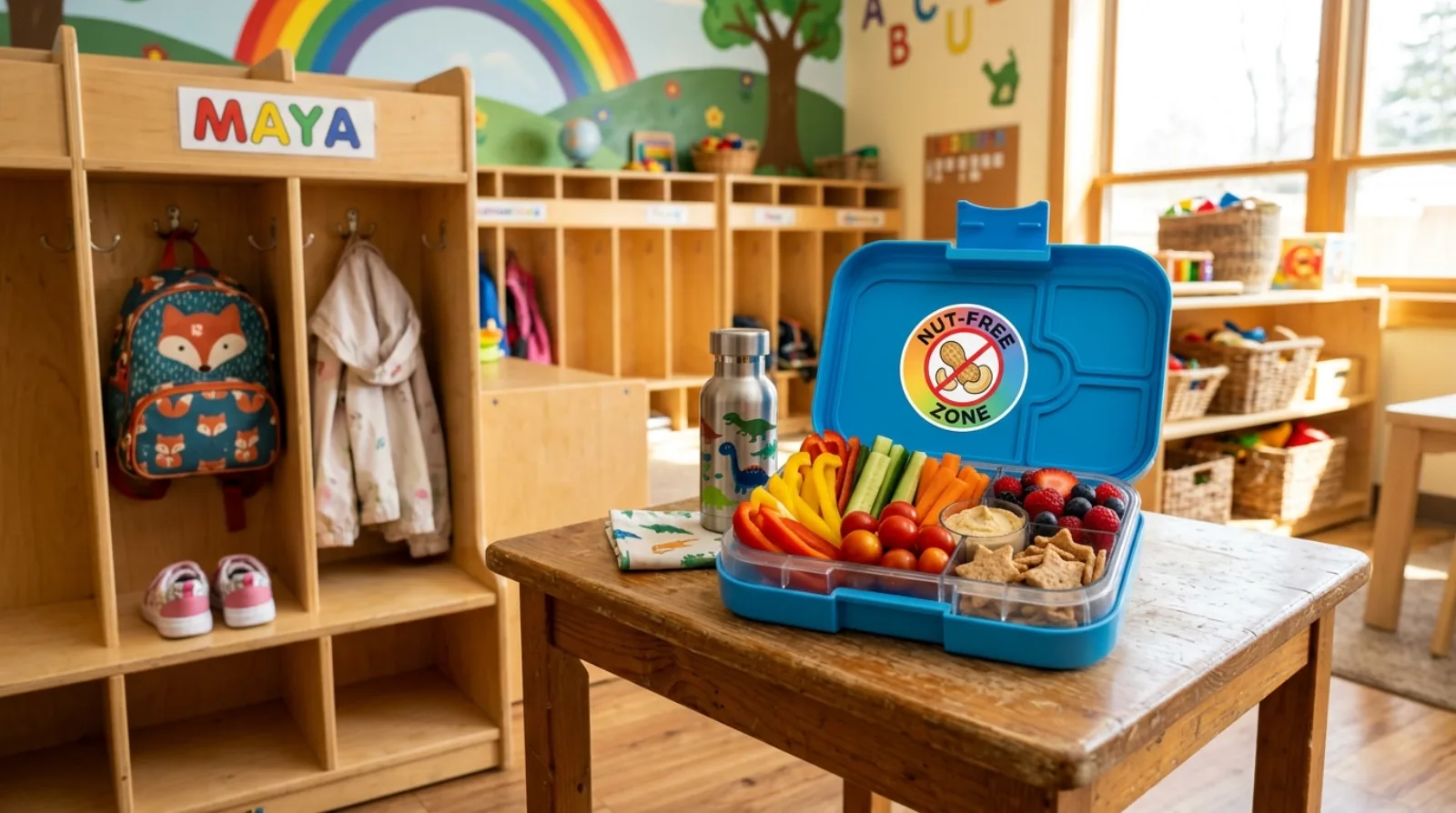 A packed lunch box with colourful vegetables, fruit and crackers on a small table beside a daycare cubby