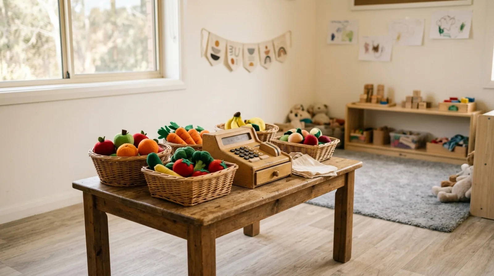 A low table set up as a pretend grocery shop, with baskets of felt fruit and vegetables and a wooden toy till