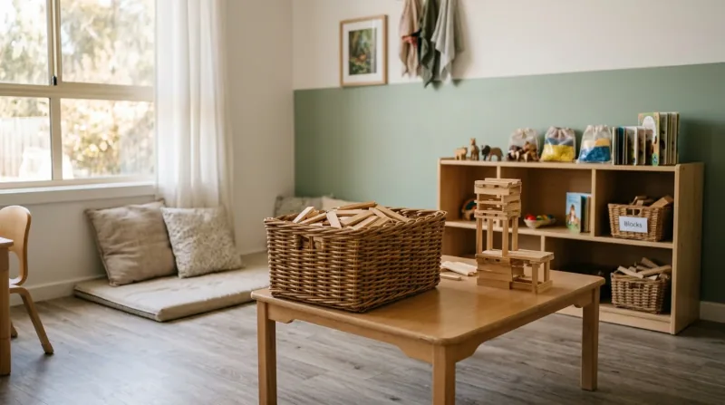 A basket of plain wooden building planks on a low table, with a part-built tower standing beside it