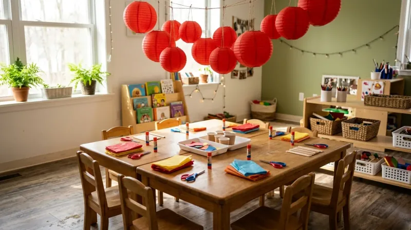 Red paper lanterns hanging above a classroom craft table set with coloured tissue paper and scissors