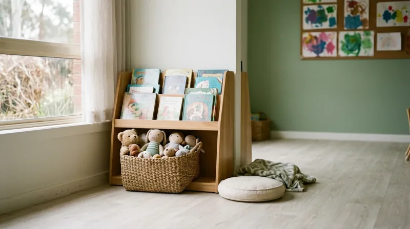 A quiet classroom corner with picture books on a low shelf, a basket of soft toys and a cushion on the floor