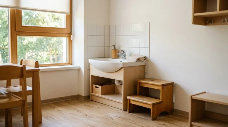 A child-height sink with a soap dispenser, a folded towel and a wooden step stool beside it