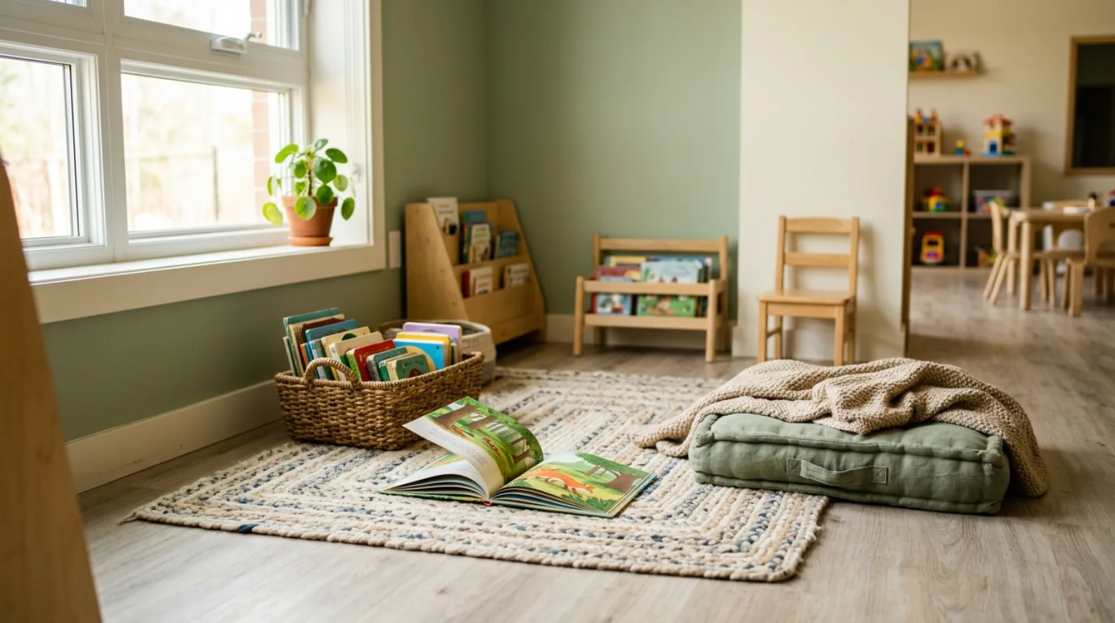 An open picture book lying on a rug beside a basket of board books in a classroom reading corner