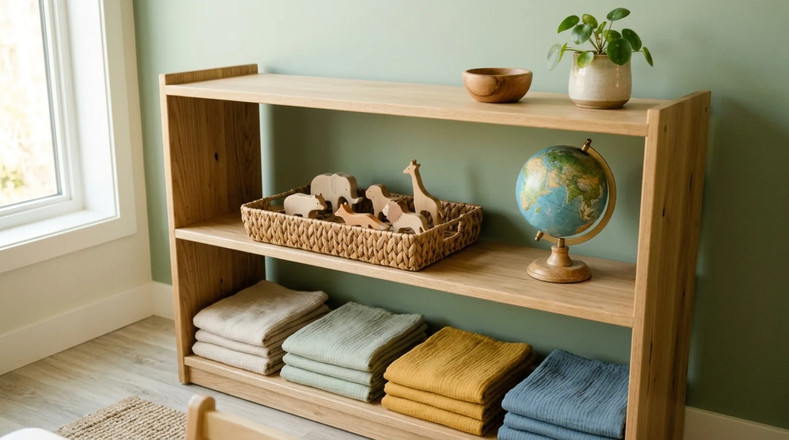 A low wooden shelf holding a basket of wooden animal figures, a small globe and folded coloured cloths