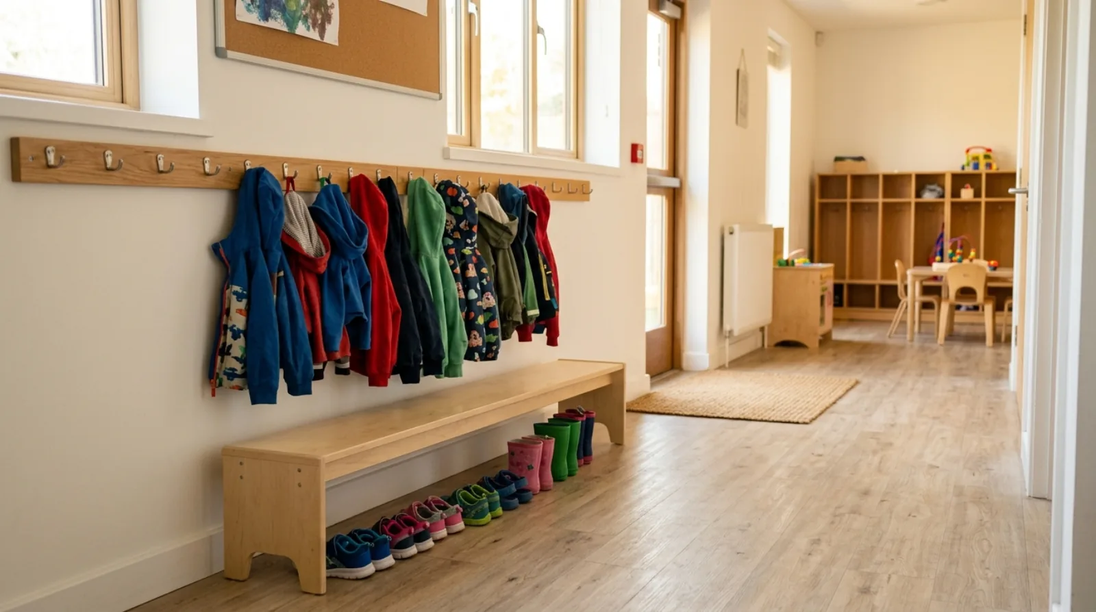 A row of child-height coat hooks with coats hanging above a bench, and small shoes lined up underneath