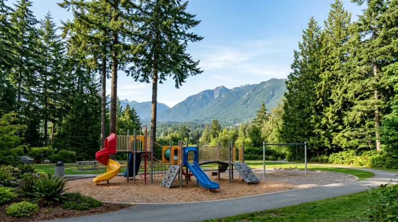 A neighbourhood park in Port Moody with a play structure and tall trees on a clear day