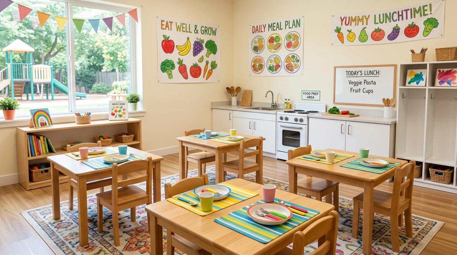 A bright childcare dining area with small wooden tables set for lunch and food illustrations on the wall