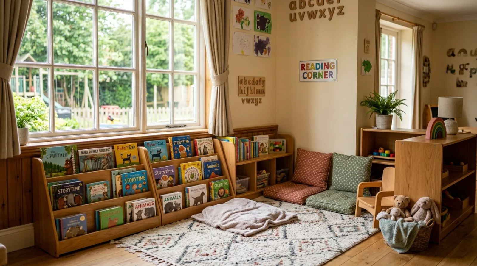 A cozy childcare reading corner with picture books on low shelves and soft rugs on the floor