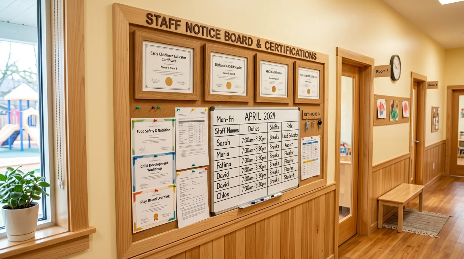 A childcare centre staff board showing ECE certification frames and a staff schedule in a welcoming hallway