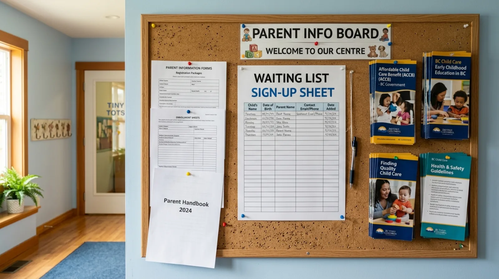 A notice board in a childcare centre hallway with sign-up sheets and BC childcare information