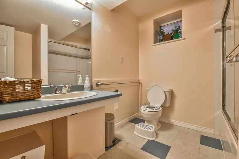 The adult washroom with a vanity and grab rail