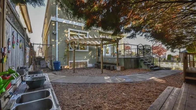 A wide view of the back yard with its pergola and shaded planting